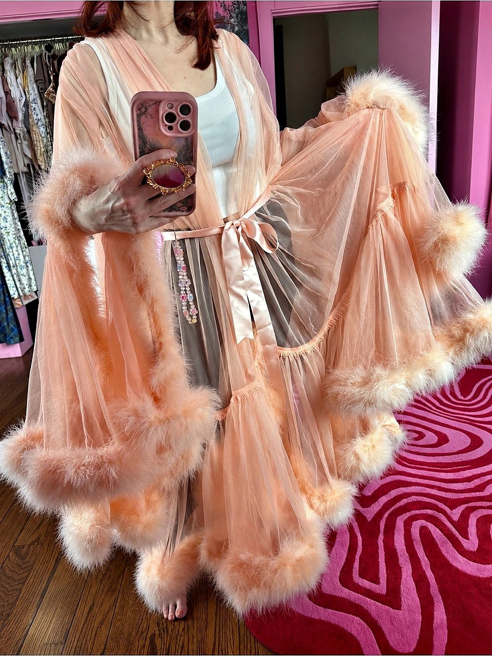 Authentic Vintage Catherine D’Lish Cassandra Dressing Gown Peach Marabou⁠